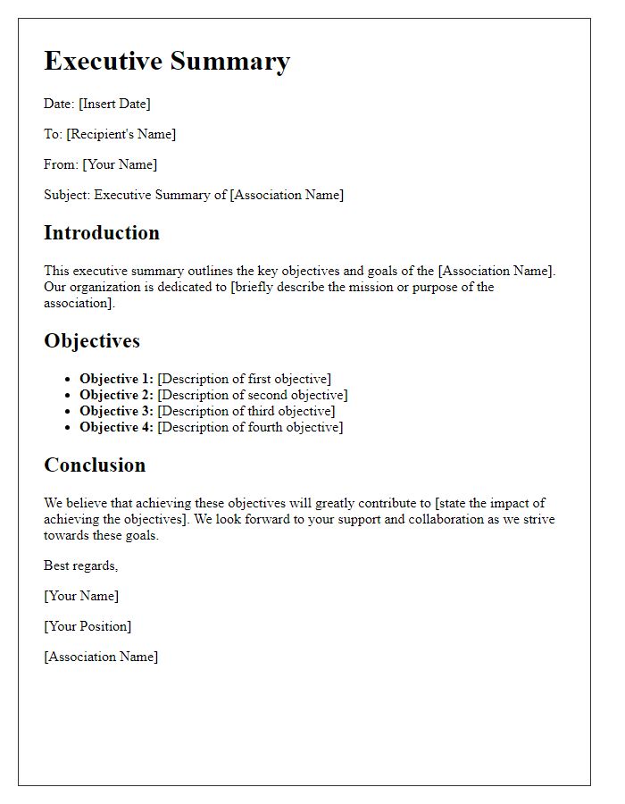 Letter template of association executive summary objectives