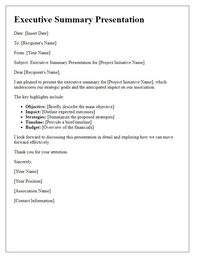 Letter template of association executive summary presentation