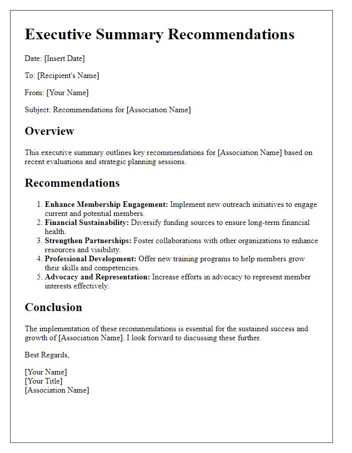 Letter template of association executive summary recommendations