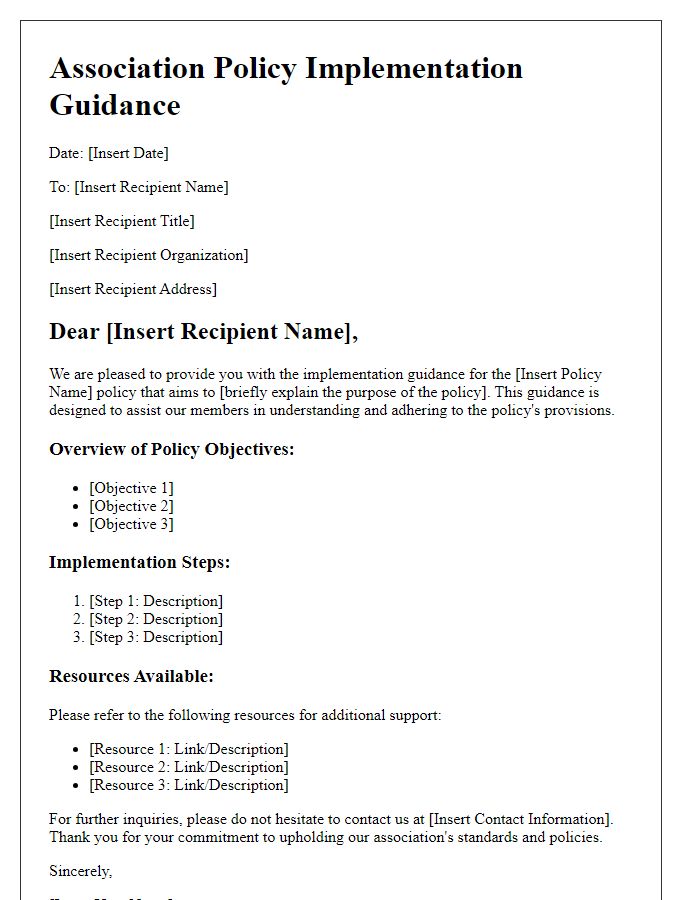 Letter template of association policy implementation guidance.