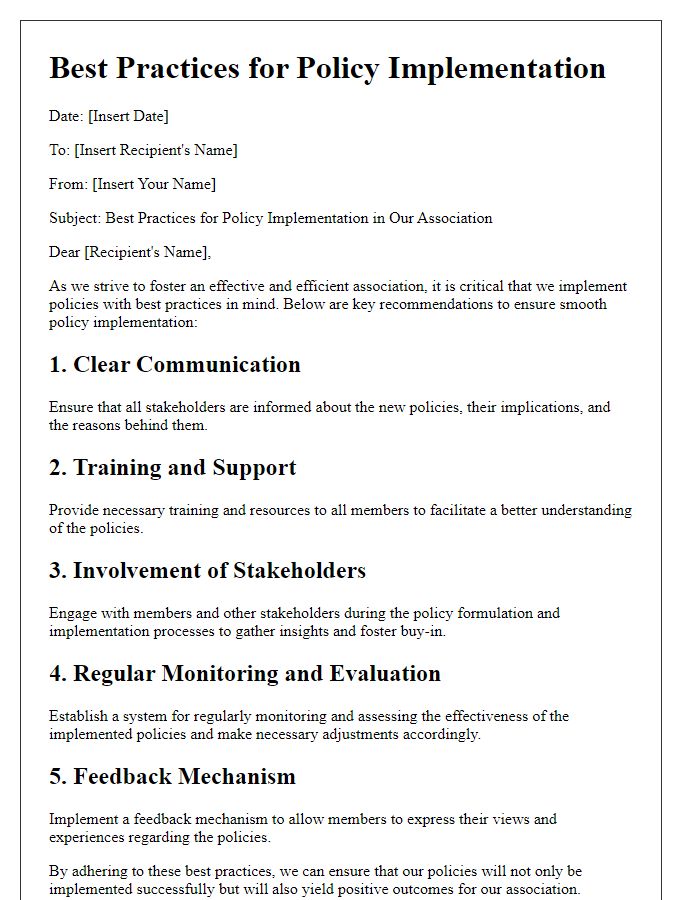 Letter template of best practices for policy implementation in associations.