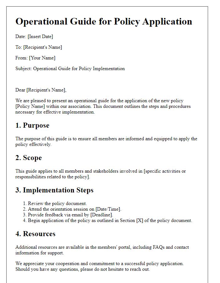 Letter template of operational guide for policy application in associations.