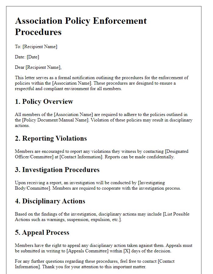 Letter template of procedures for association policy enforcement.