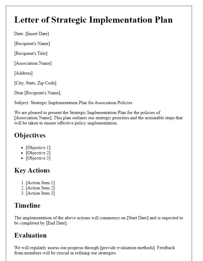 Letter template of strategic implementation plan for association policies.