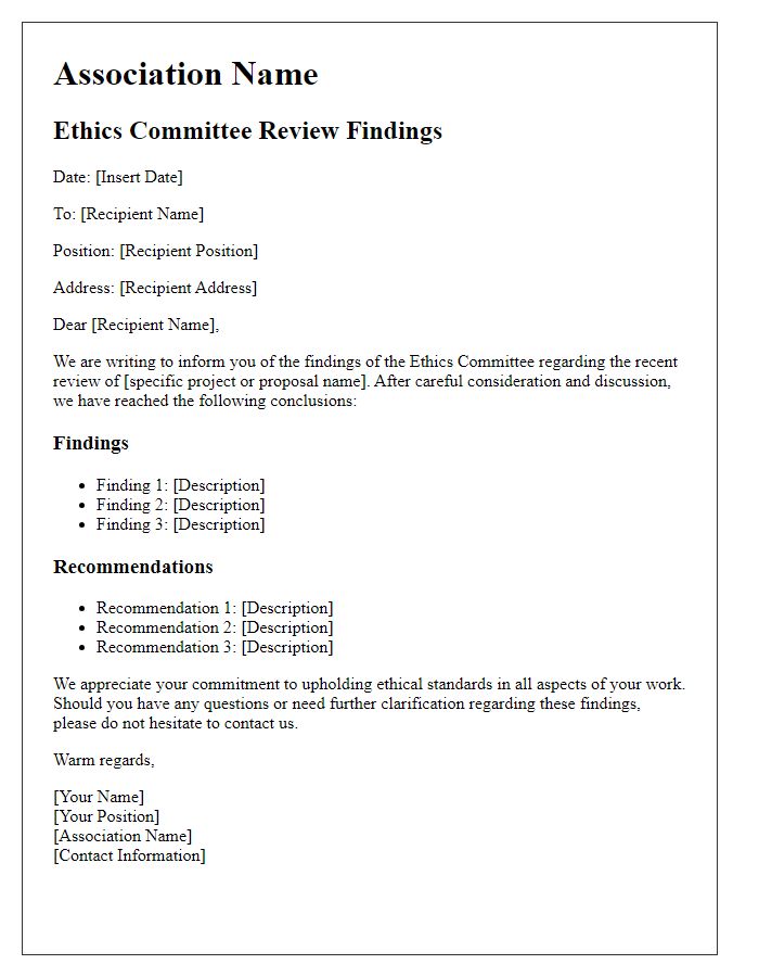 Letter template of association ethics committee review findings communication