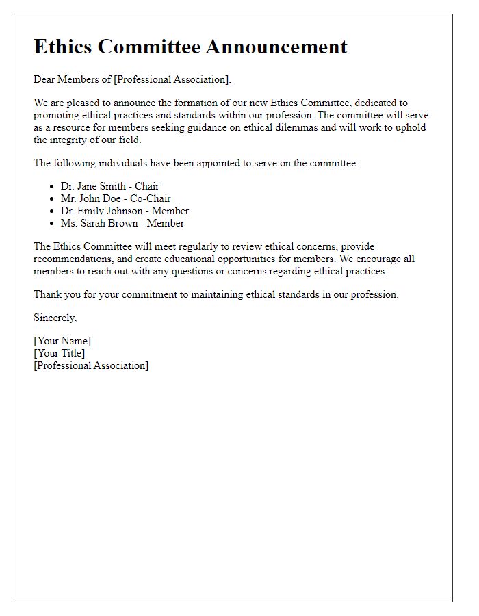 Letter template of ethics committee announcement for professional associations