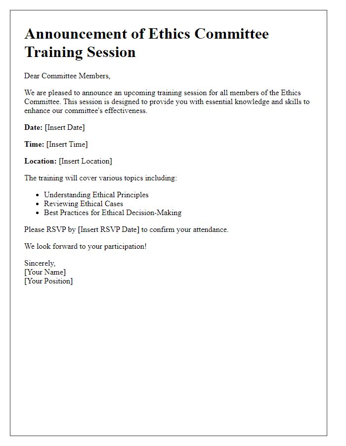 Letter template of ethics committee training session announcement