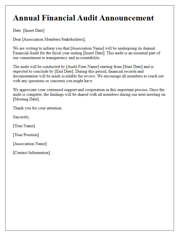 Letter template of Annual Financial Audit Announcement for Association