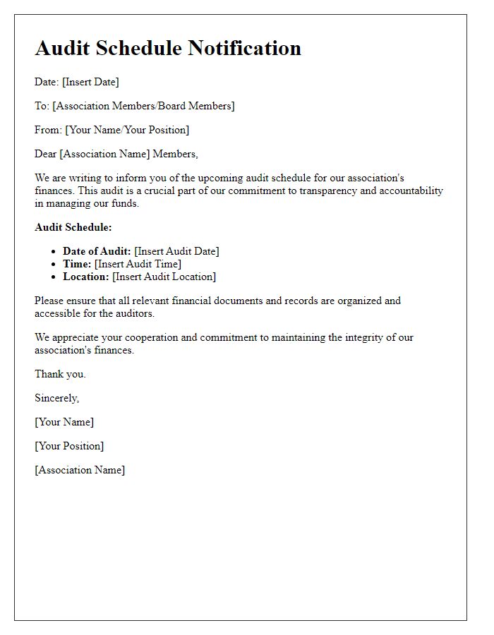 Letter template of Audit Schedule Notification for Association Finances