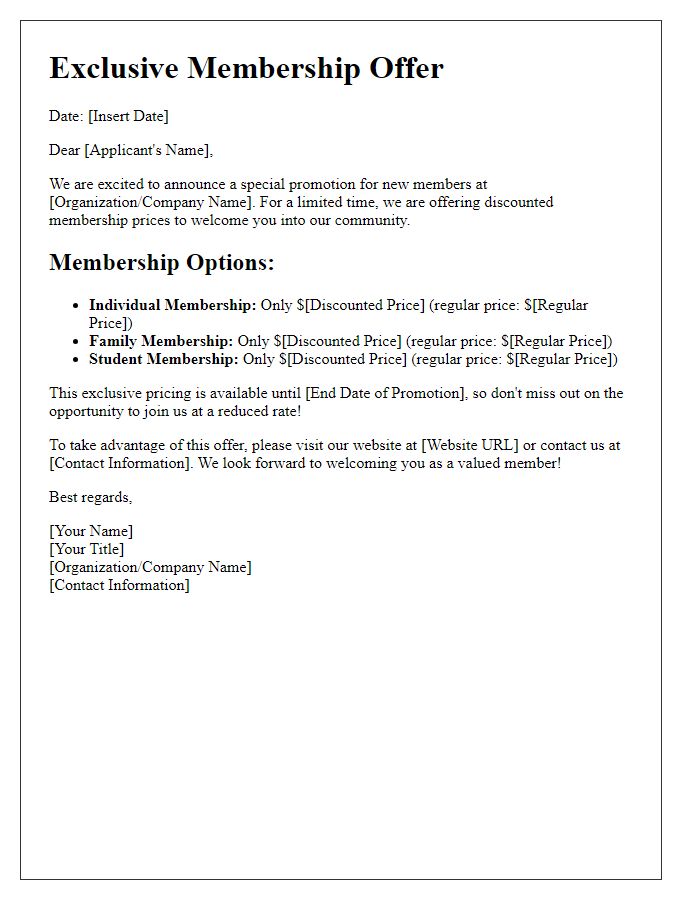 Letter template of promotional membership prices for new applicants