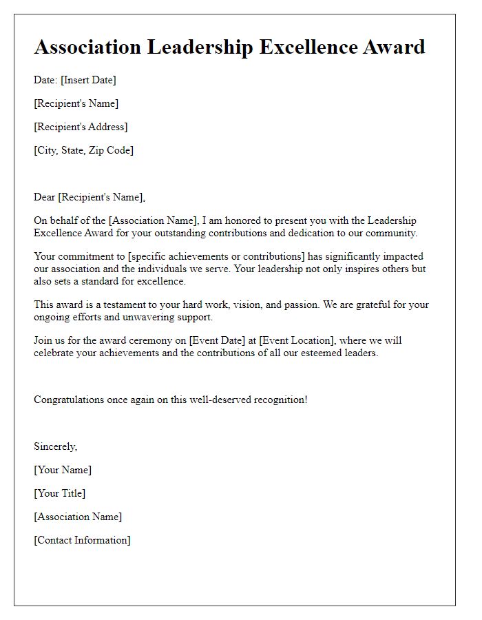 Letter template of association leadership excellence award