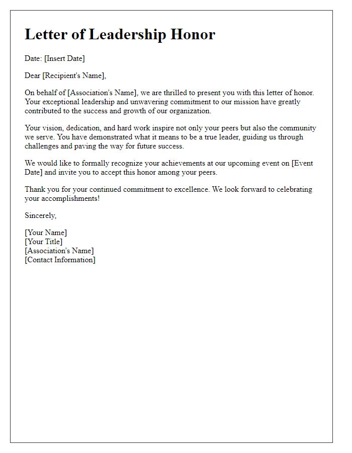 Letter template of associations' leadership honor