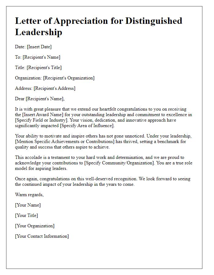 Letter template of distinguished leadership accolade