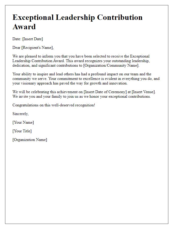 Letter template of exceptional leadership contribution award