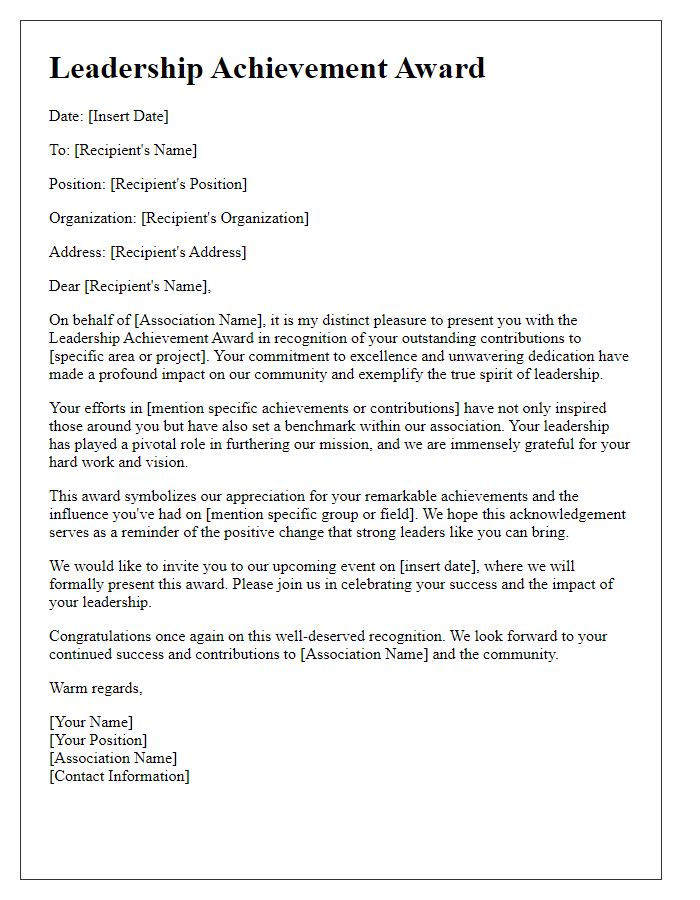 Letter template of leadership achievement award for associations