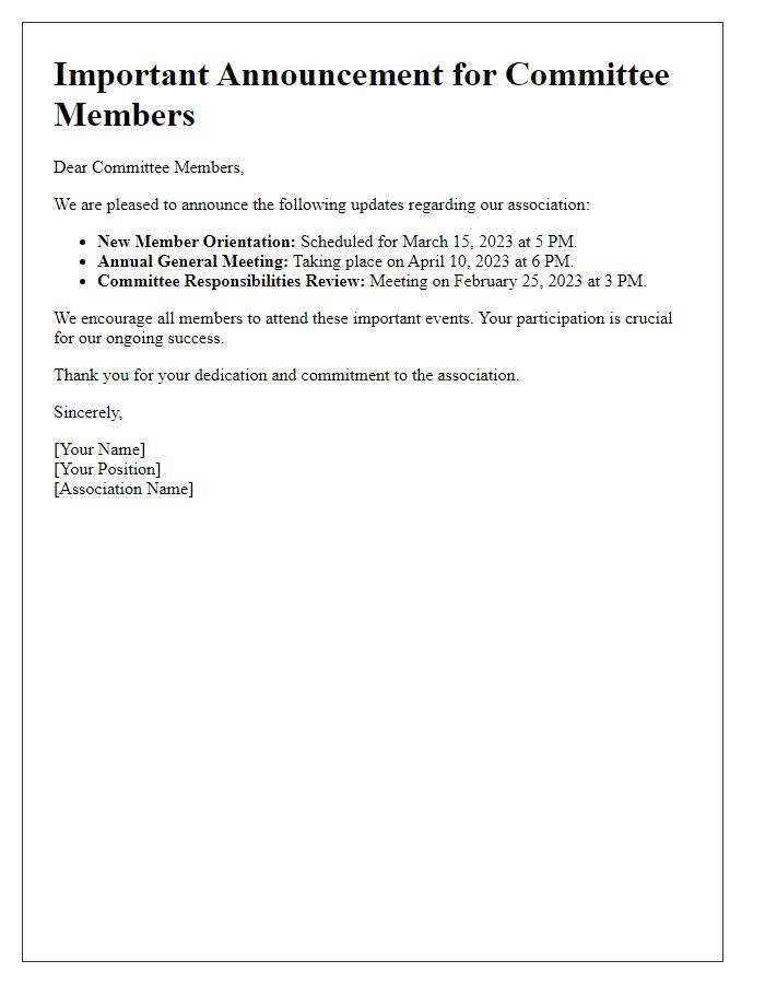 Letter template of association announcements for committee members.