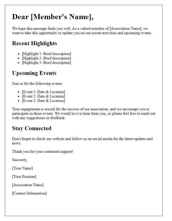 Letter template of association update for member engagement.