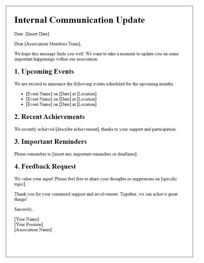 Letter template of internal communication update for association members.