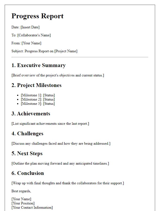 Letter template of progress report for association collaborators.