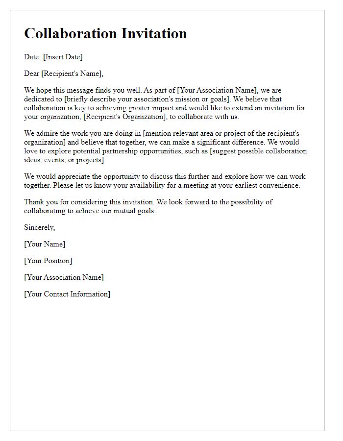 Letter template of collaboration invitation for association outreach