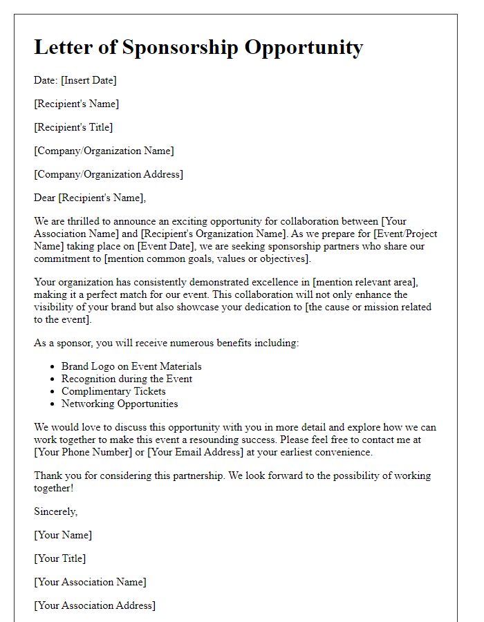 Letter template of sponsorship opportunity for association collaboration