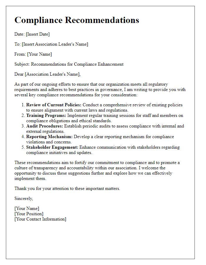 Letter template of compliance recommendations for association leaders