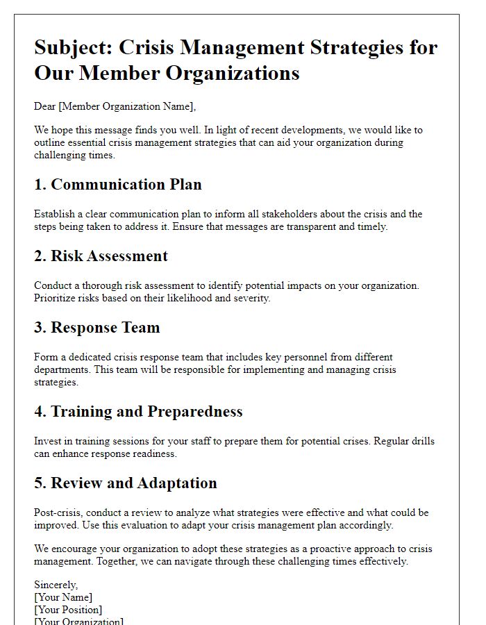 Letter template of crisis management strategies for member organizations