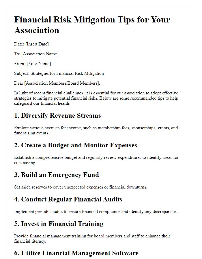 Letter template of financial risk mitigation tips for associations