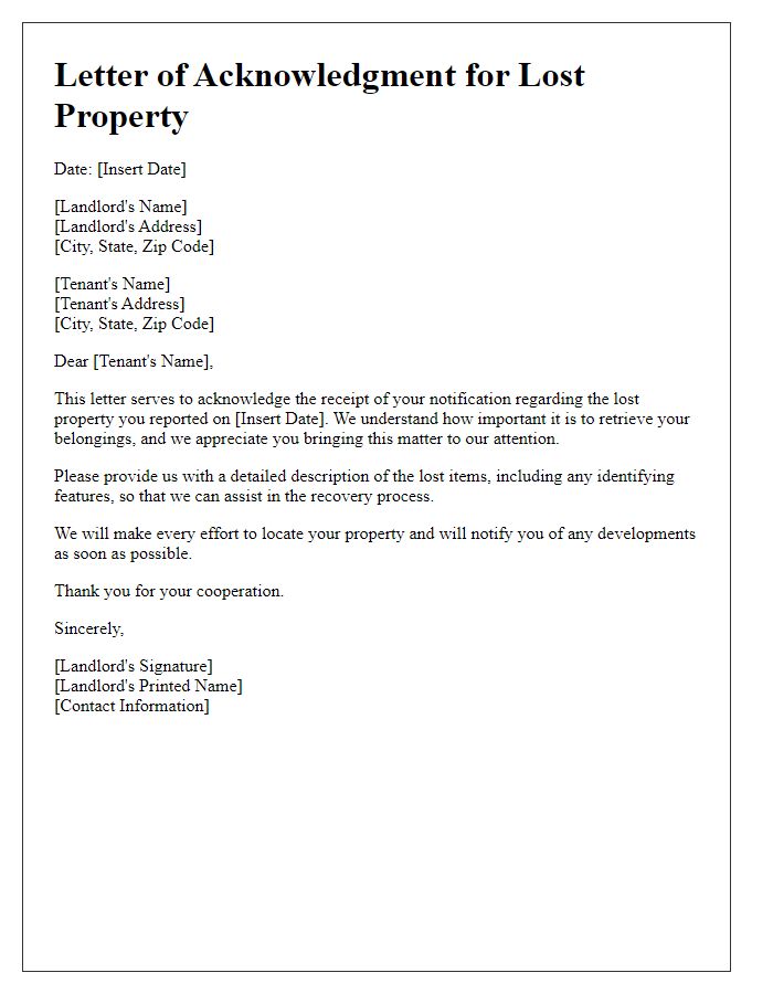 Letter template of acknowledgment for tenant's lost property