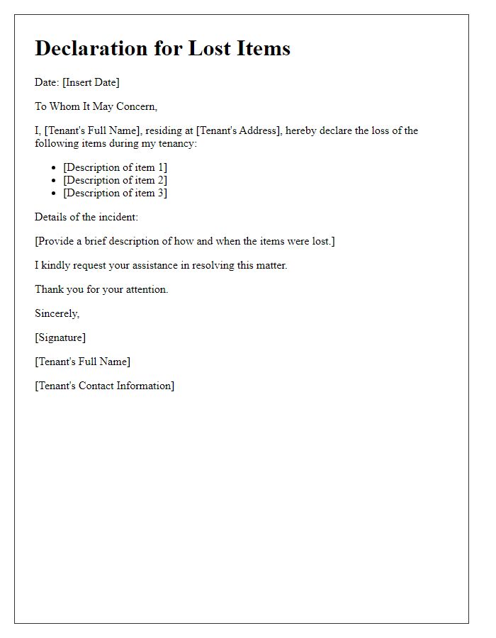 Letter template of declaration for lost items by tenant