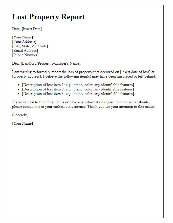 Letter template of lost property report for tenants