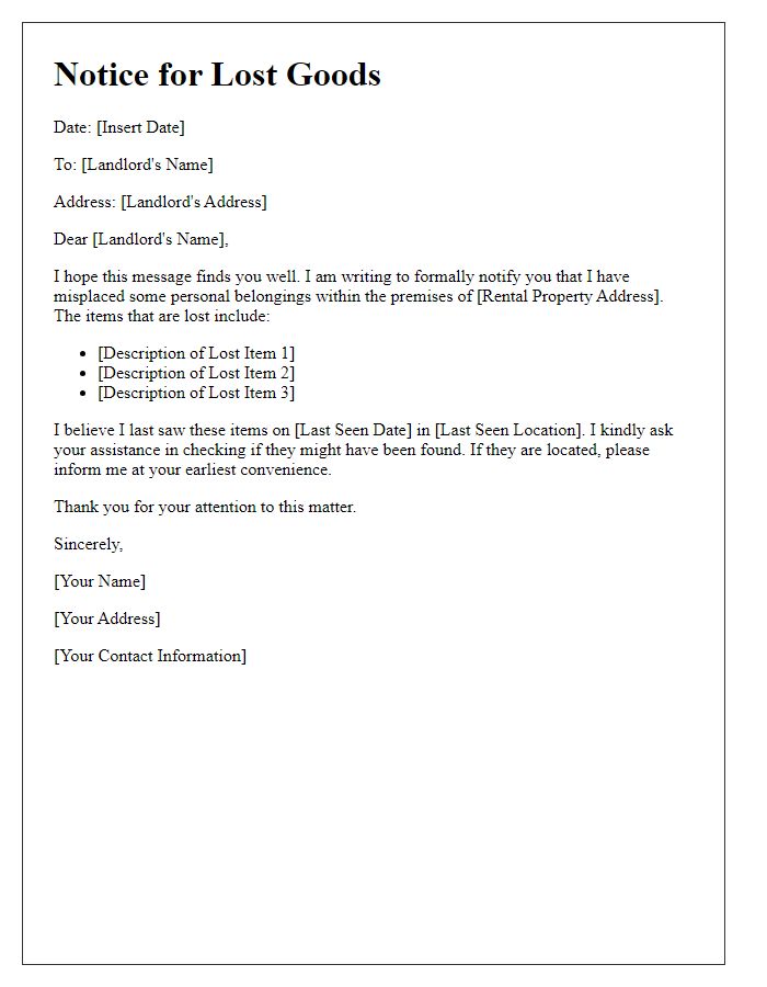 Letter template of notice for lost goods by tenant