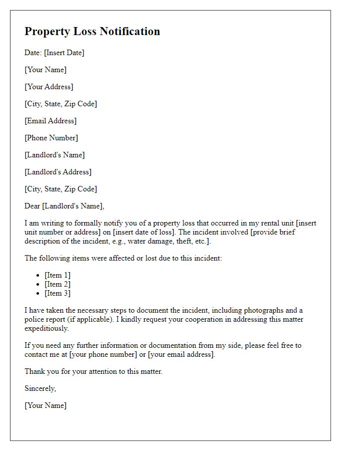 Letter template of property loss notification for renters