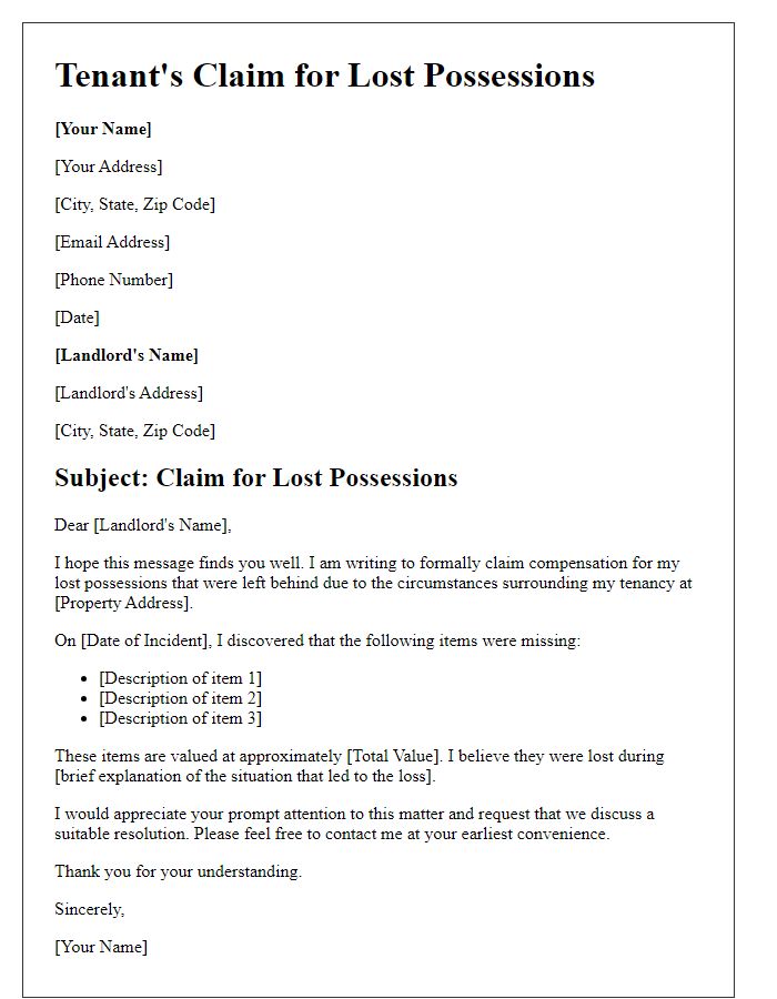 Letter template of tenant's claim for lost possessions