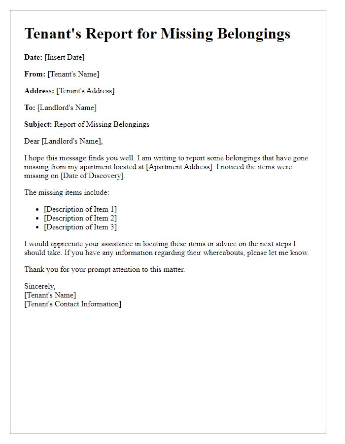 Letter template of tenant's report for missing belongings