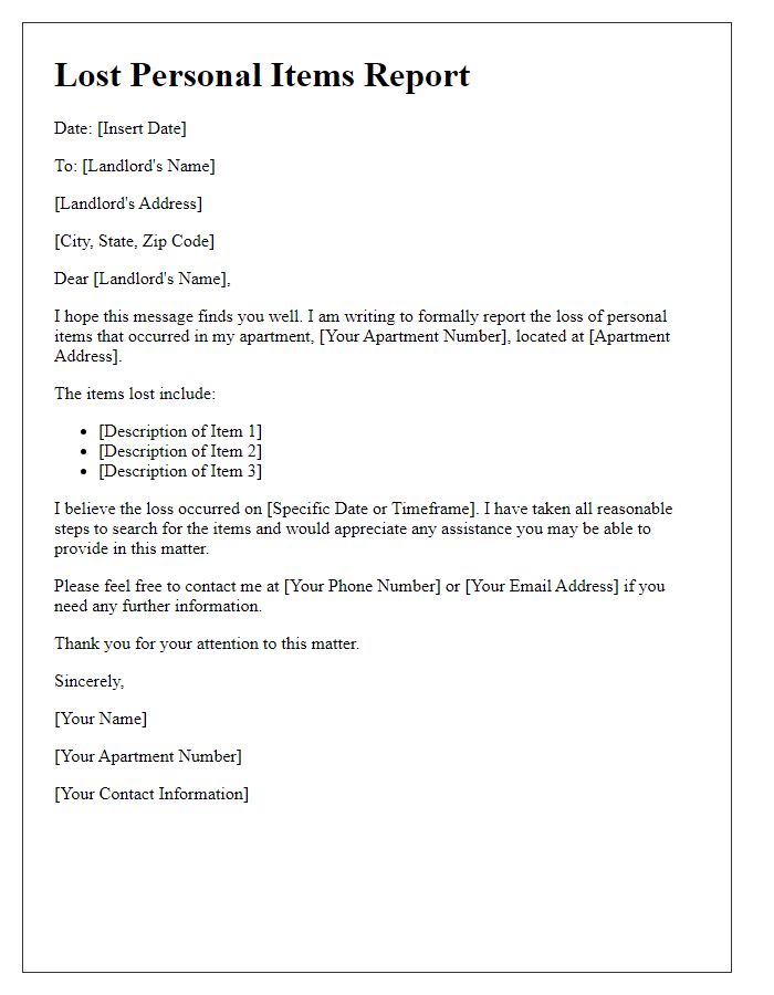 Letter template of tenants reporting lost personal items