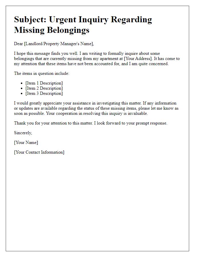 Letter template of urging inquiry on tenant's missing belongings