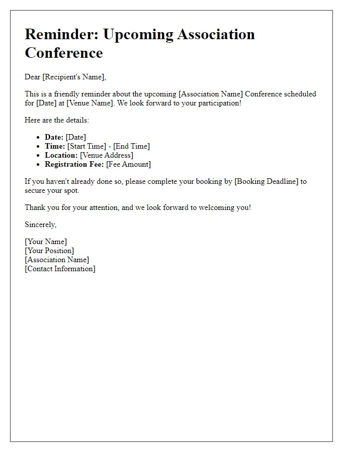 Letter template of association conference booking reminder