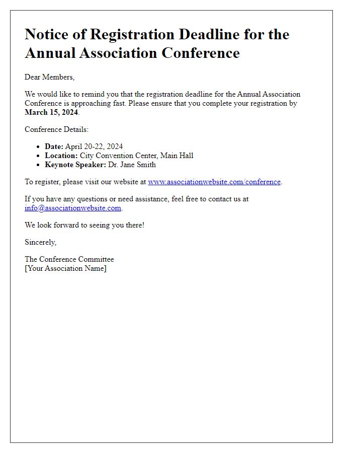 Letter template of association conference registration deadline notice