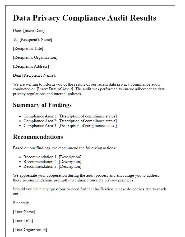 Letter template of association for data privacy compliance audit results