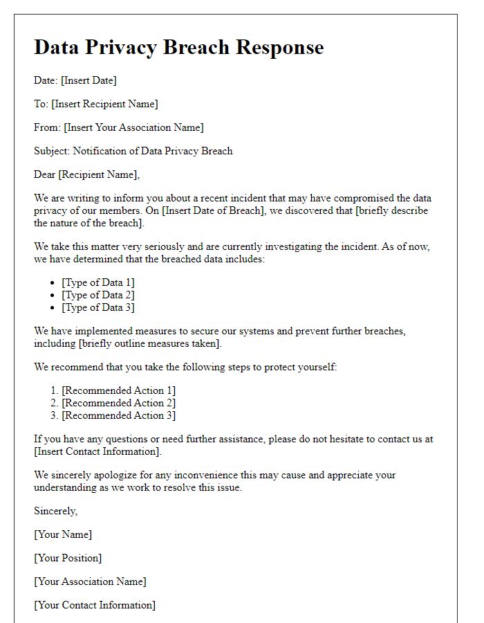 Letter template of association on data privacy breach response