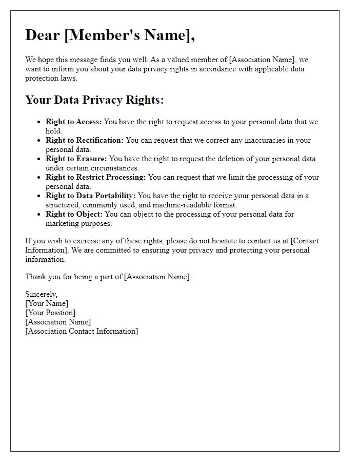 Letter template of association outlining data privacy rights for members