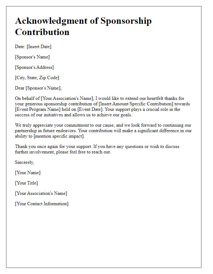 Letter template of acknowledgment for association sponsorship contributions