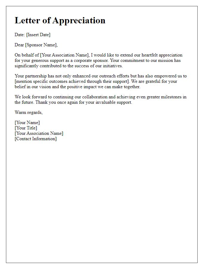 Letter template of appreciation for corporate sponsors in our association