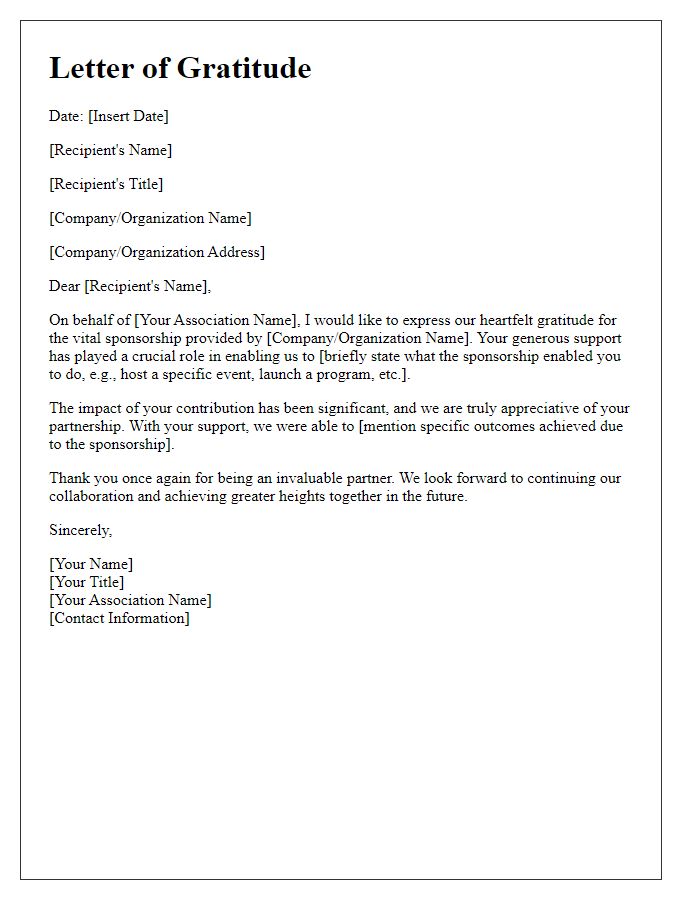 Letter template of gratitude for vital sponsorship from our association partners