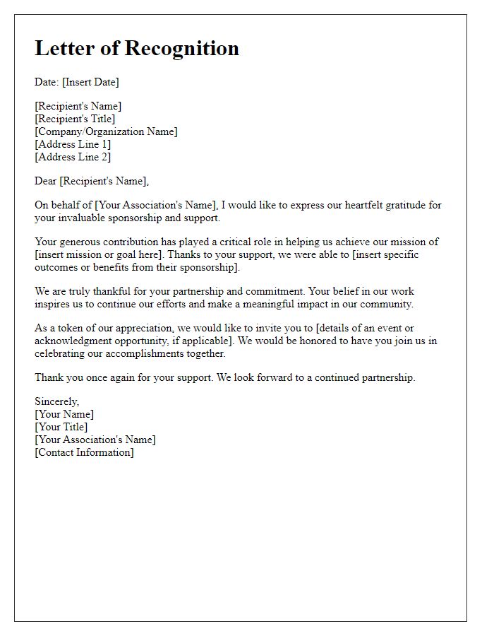 Letter template of recognition for invaluable sponsorship to our association