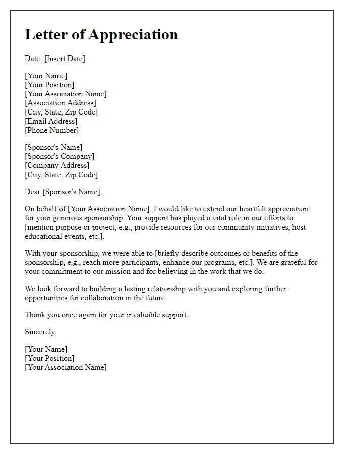 Letter template of sincere appreciation for sponsorship support in our association