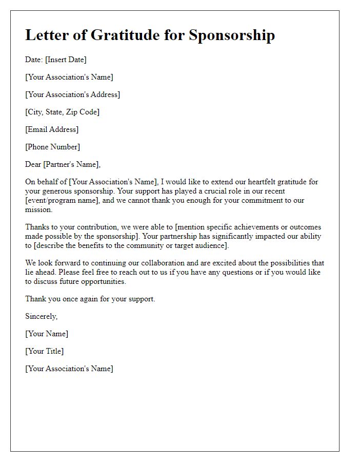 Letter template of sponsorship gratitude for association partners