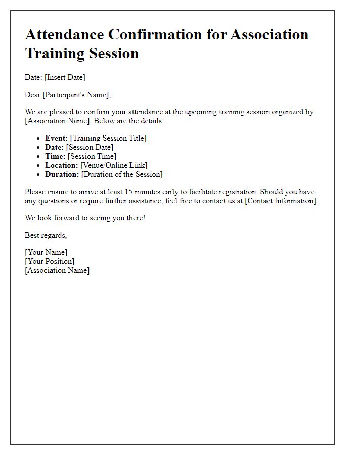 Letter template of attendance confirmation for association training session