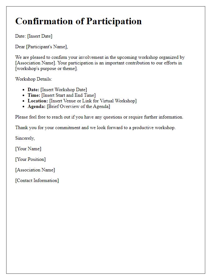 Letter template of confirmation for association workshop involvement